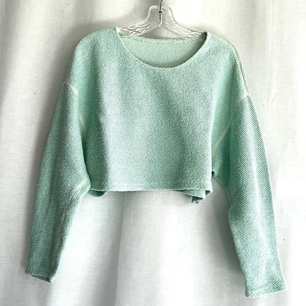 American Apparel Crop Sweater Mint Green 100% Cotton Relaxed Fit Crop Sweater OS - Picture 3 of 12